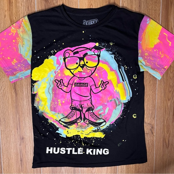 Fresh Laundry HUSTLE KING Bear Shirt Hot Pink Tie Dye LARGE - Picture 1 of 4
